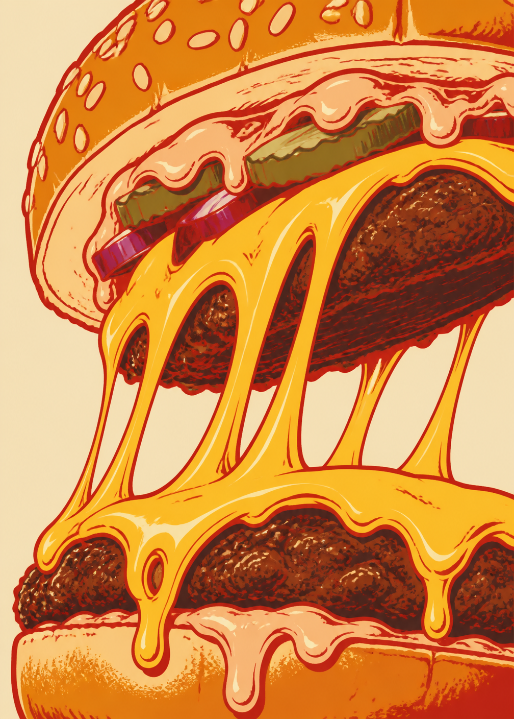 Close-up of melted Americano cheese pulling away from a smashed wagyu burger